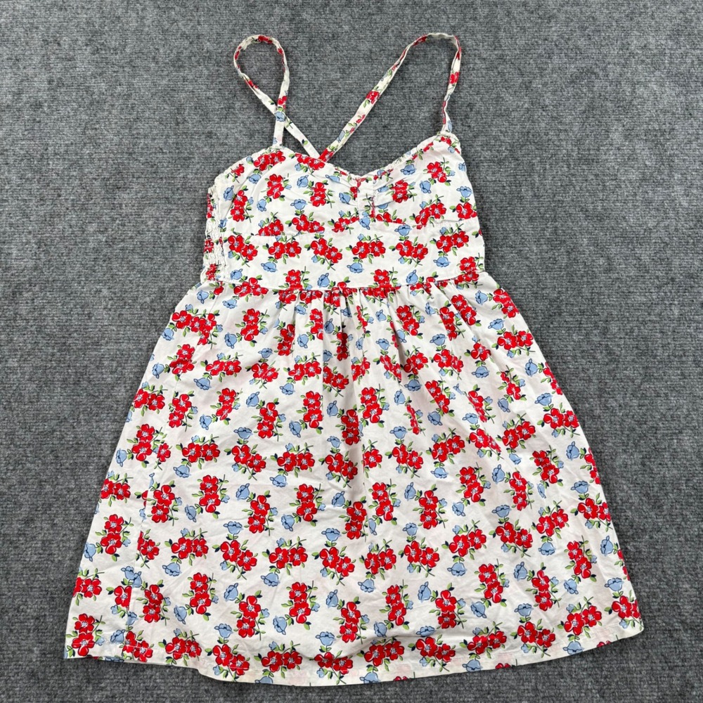 Hollister Floral Mini Dress Small White Red Cotton Smocked Crossback Womens